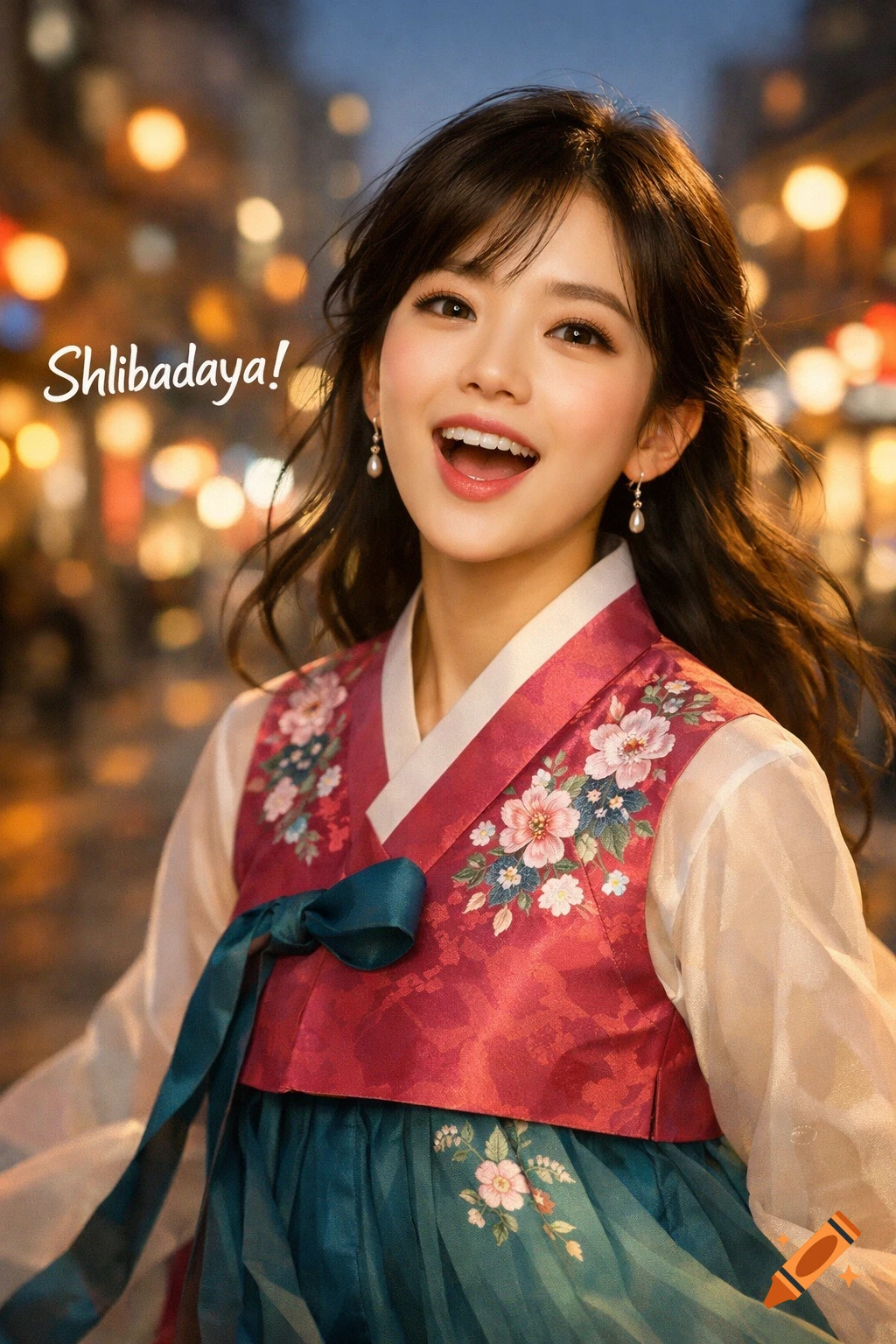 A young Korean woman in a red and green hanbok smiles joyfully, with blurred city lights in the background and 'Shlibadaya!' text.