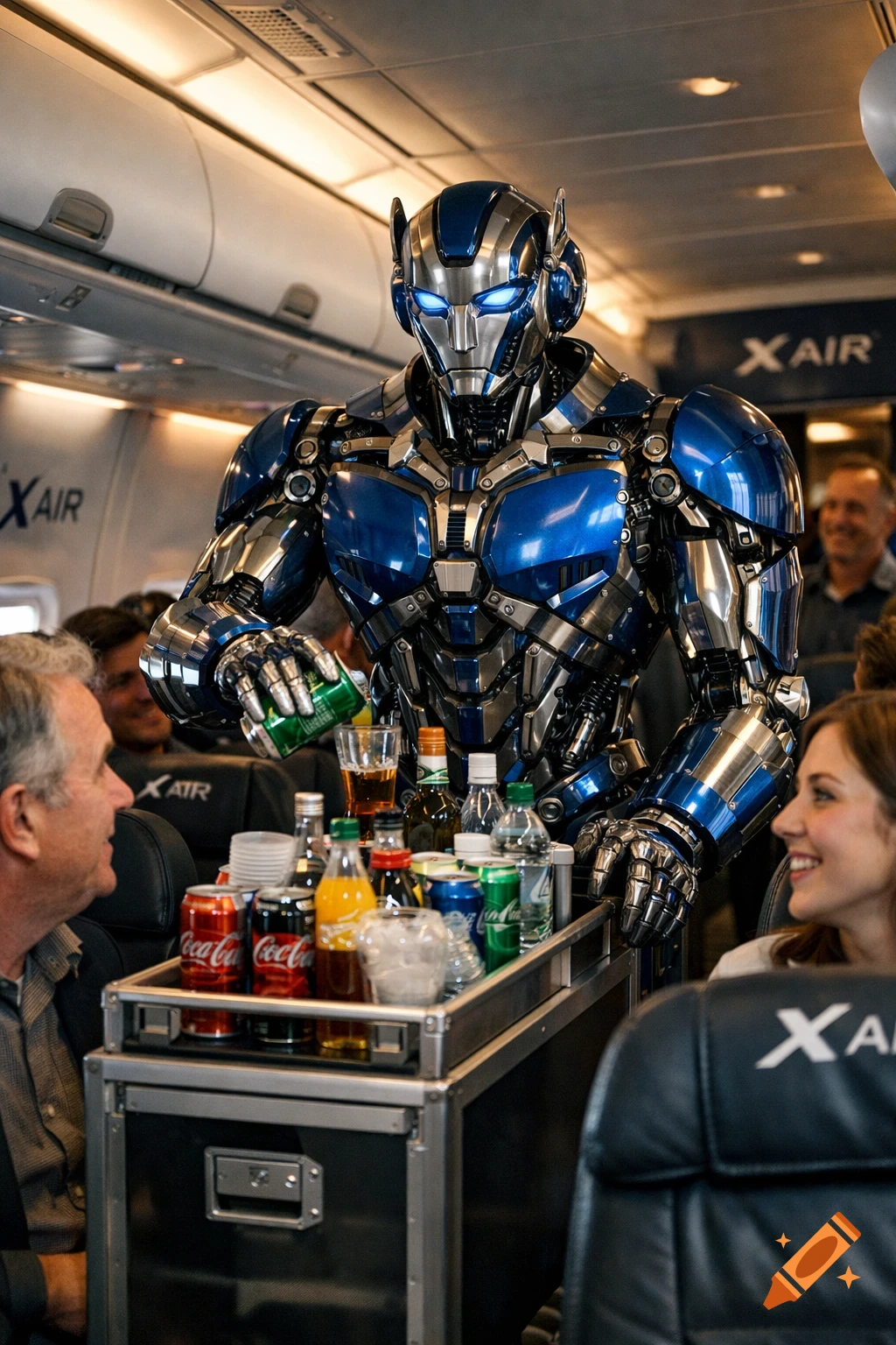 A blue and silver robot flight attendant serves drinks from a trolley to amused passengers in a photorealistic X Air airplane cabin.