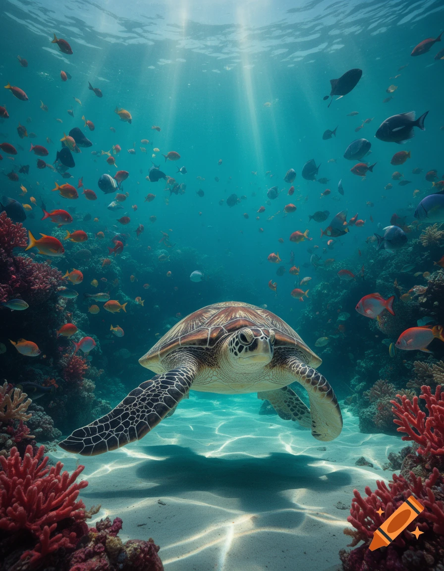 A sea turtle swims gracefully over a sandy seabed, surrounded by colorful fish and coral reefs, with sun rays piercing the turquoise water.