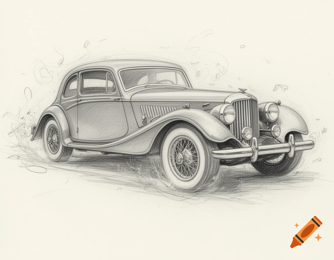 A detailed light gray pencil sketch of a vintage coupe car with a chrome grille and white-walled tires, surrounded by loose, chaotic pencil strokes.