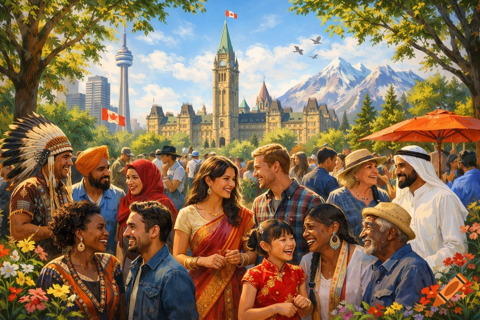 Diverse people celebrate in Canada with landmarks like the Parliament Building and CN Tower, in a vibrant painted style.