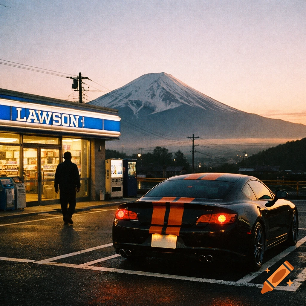 Photorealistic scene of a black sports coupe with orange stripes in front of a Lawson convenience store at dusk, with Mount Fuji in the background.
