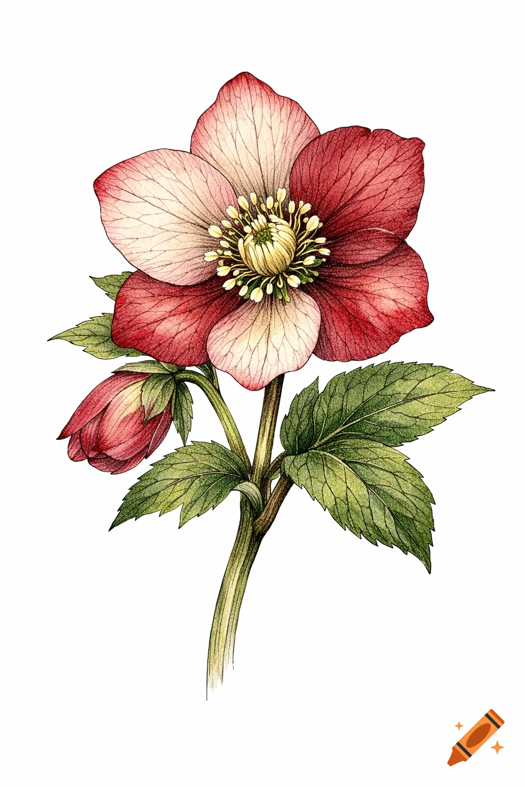 A detailed watercolor botanical drawing of a hellebore flower with red and pink petals, a yellow center, green leaves, and a bud, on a white background.