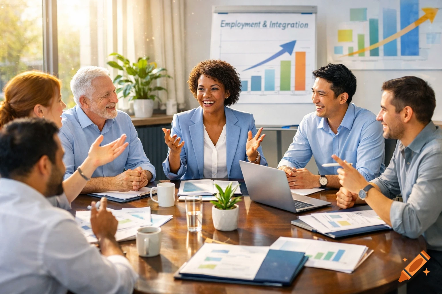 A diverse group of professionals smiling and discussing around a conference table in a brightly lit modern office.