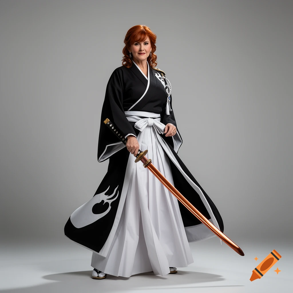 A woman with red hair, dressed in a black and white samurai-style uniform, holds a copper-bladed katana in a photorealistic portrait on a gray background.