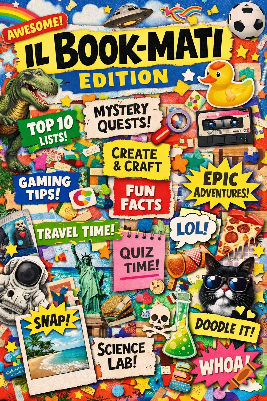 Vibrant collage magazine cover for kids, 'IL BOOK-MATI EDITION', with a dinosaur, astronaut, cat, pizza, and diverse activity sections.