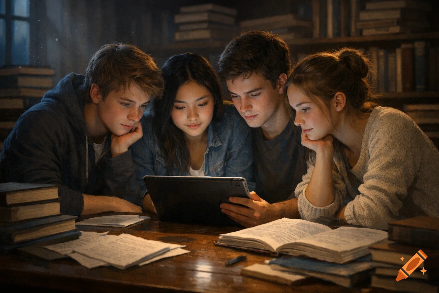 Four young students with diverse appearances gather around a tablet at a wooden table, surrounded by books and papers, in a dimly lit library.