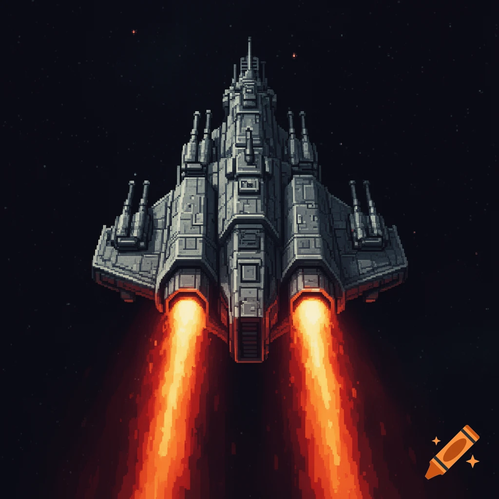 Pixel art of a grey spaceship destroyer flying through space, viewed from above, with two bright orange thrusters firing.