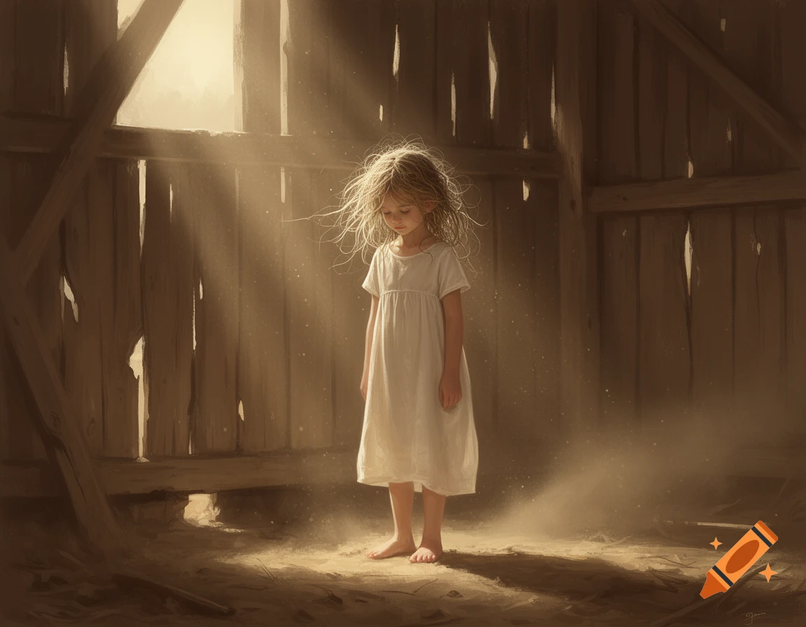 A young girl with messy hair stands barefoot in a dusty barn with sunlight streaming through wooden slats.