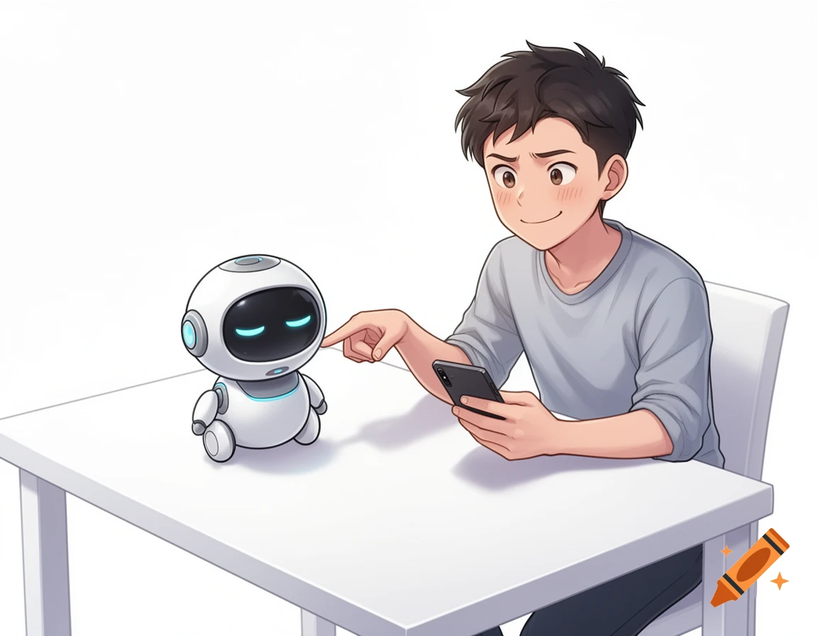A smiling anime boy in a grey shirt uses a phone while poking a small white robot with glowing blue eyes sitting on a white table.