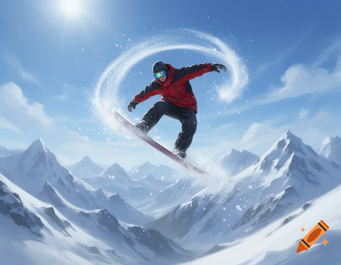 A snowboarder in a red jacket performs a jump, creating a swirl of snow in the air over a vast, snowy mountain range under a bright blue sky.