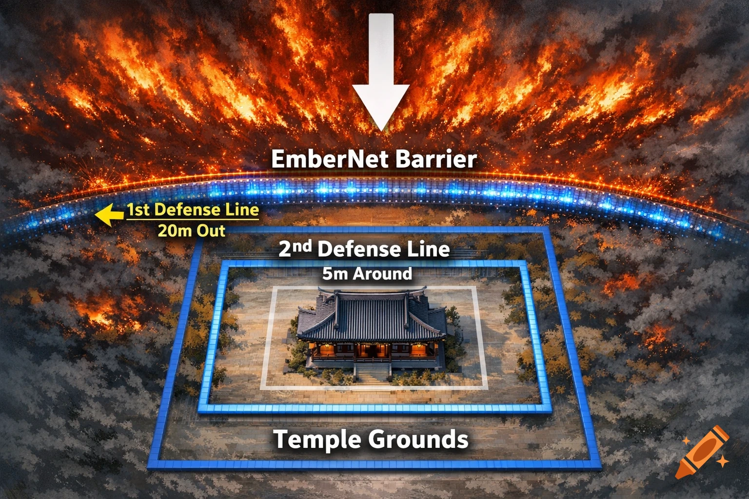A strategic diagram showing a temple surrounded by glowing blue defense lines, under a fiery orange sky, with an arrow indicating a fire's direction and labels for 'EmberNet Barrier', 'Defense Line', and 'Temple Grounds'.