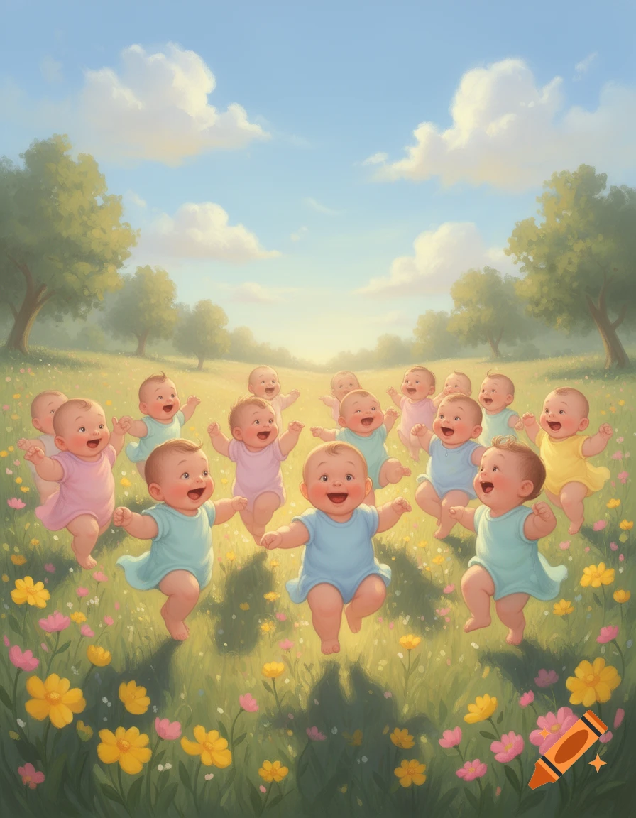 Many happy babies in pastel rompers dance in a vibrant flower meadow under a blue sky, illustrated.