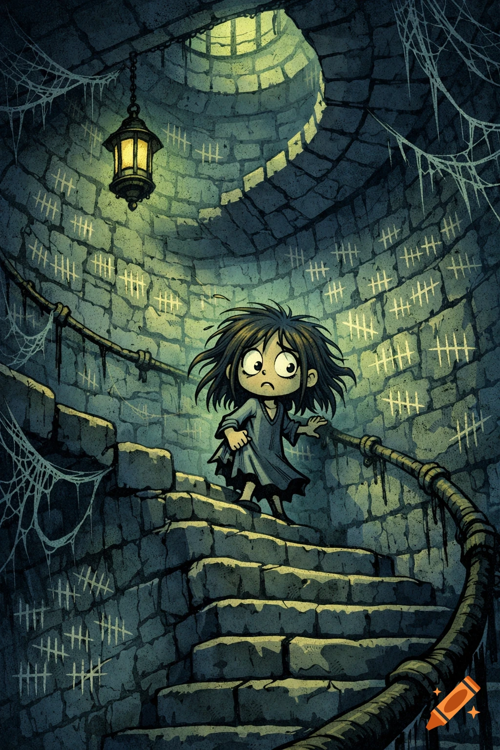 A scared cartoon girl in a dark stone tower with tally marks on the walls, walking up a spiral staircase with cobwebs.