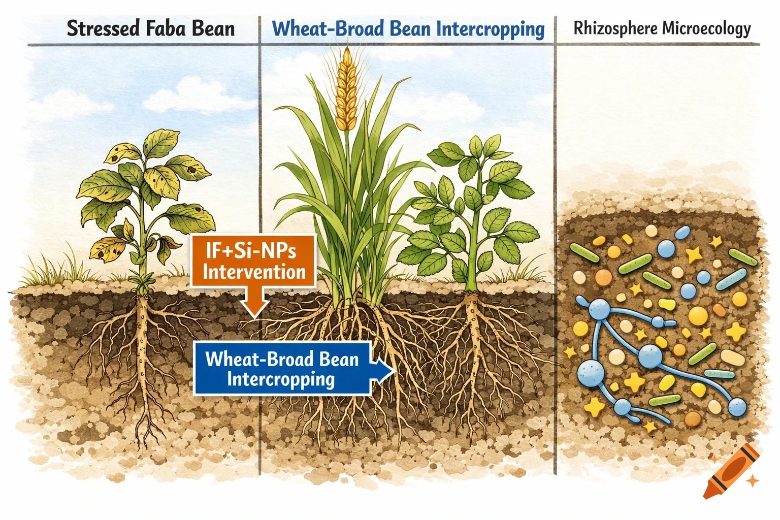 Scientific illustration divided into three sections showing a stressed faba bean plant, wheat-broad bean intercropping, and rhizosphere microecology with microbes.