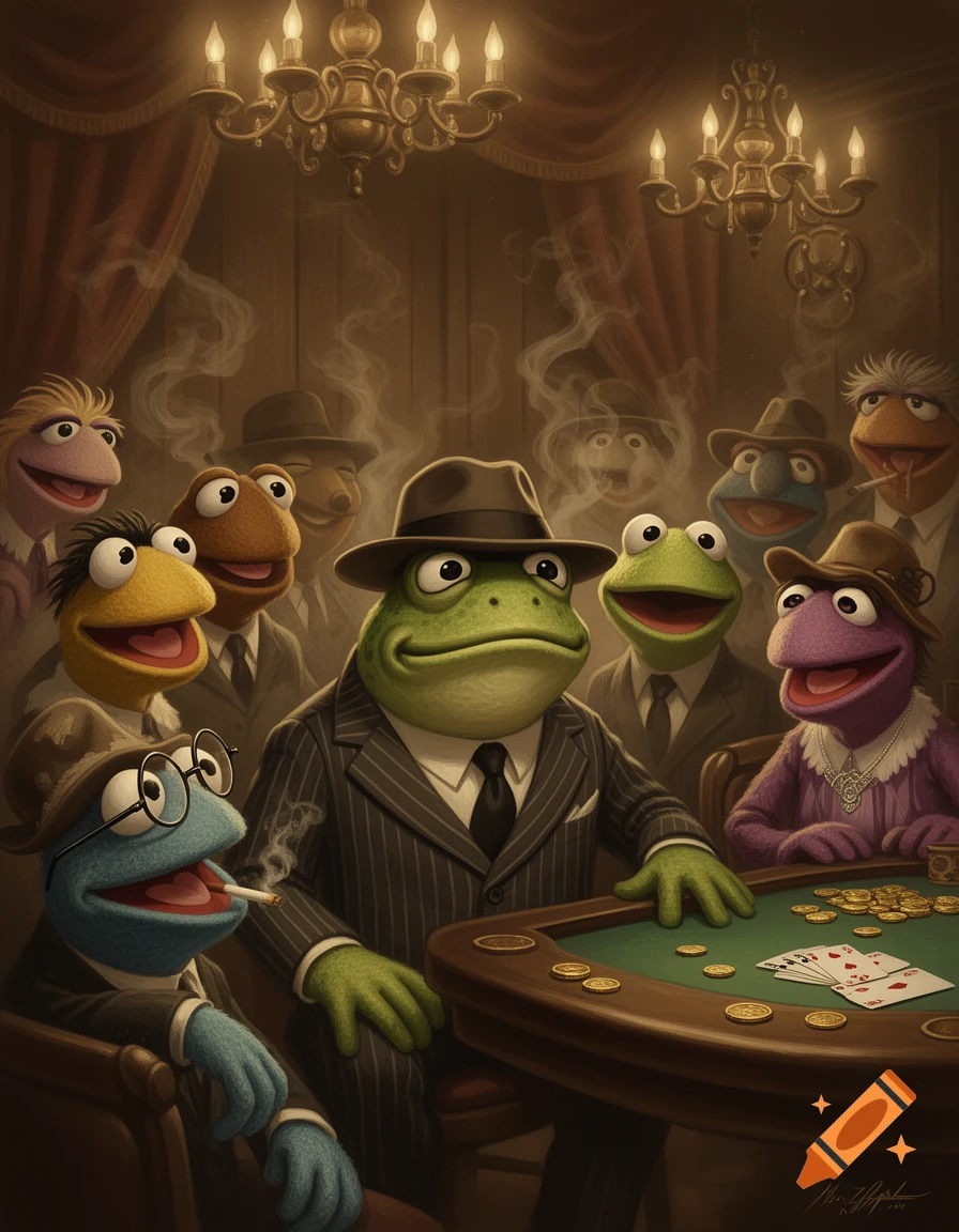 Stylized image of Muppet characters dressed as gangsters playing poker in a dimly lit, lavish room.