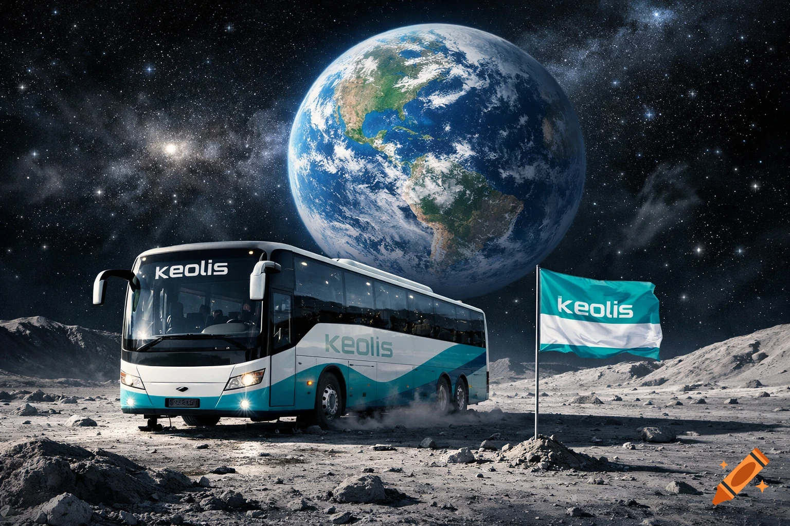 A white and blue Keolis bus drives on the moon's surface, a Keolis flag planted nearby, with Earth and stars in the background.