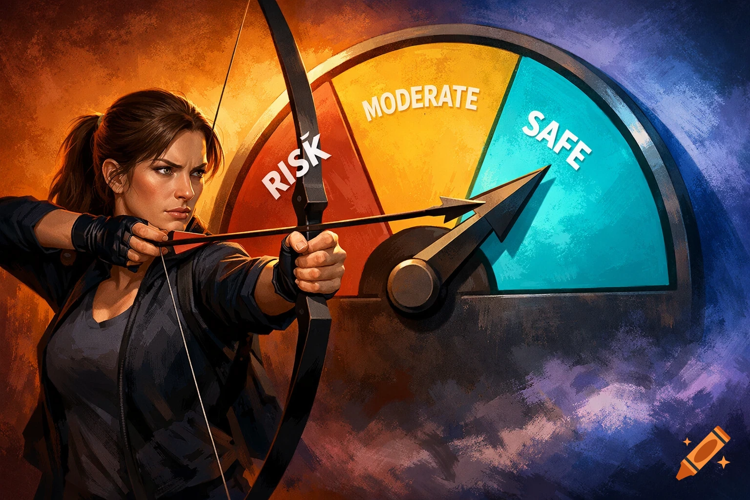 Determined female archer aims at a colorful risk meter with sections 'RISK,' 'MODERATE,' and 'SAFE,' arrow pointing to 'SAFE.' Digital art.