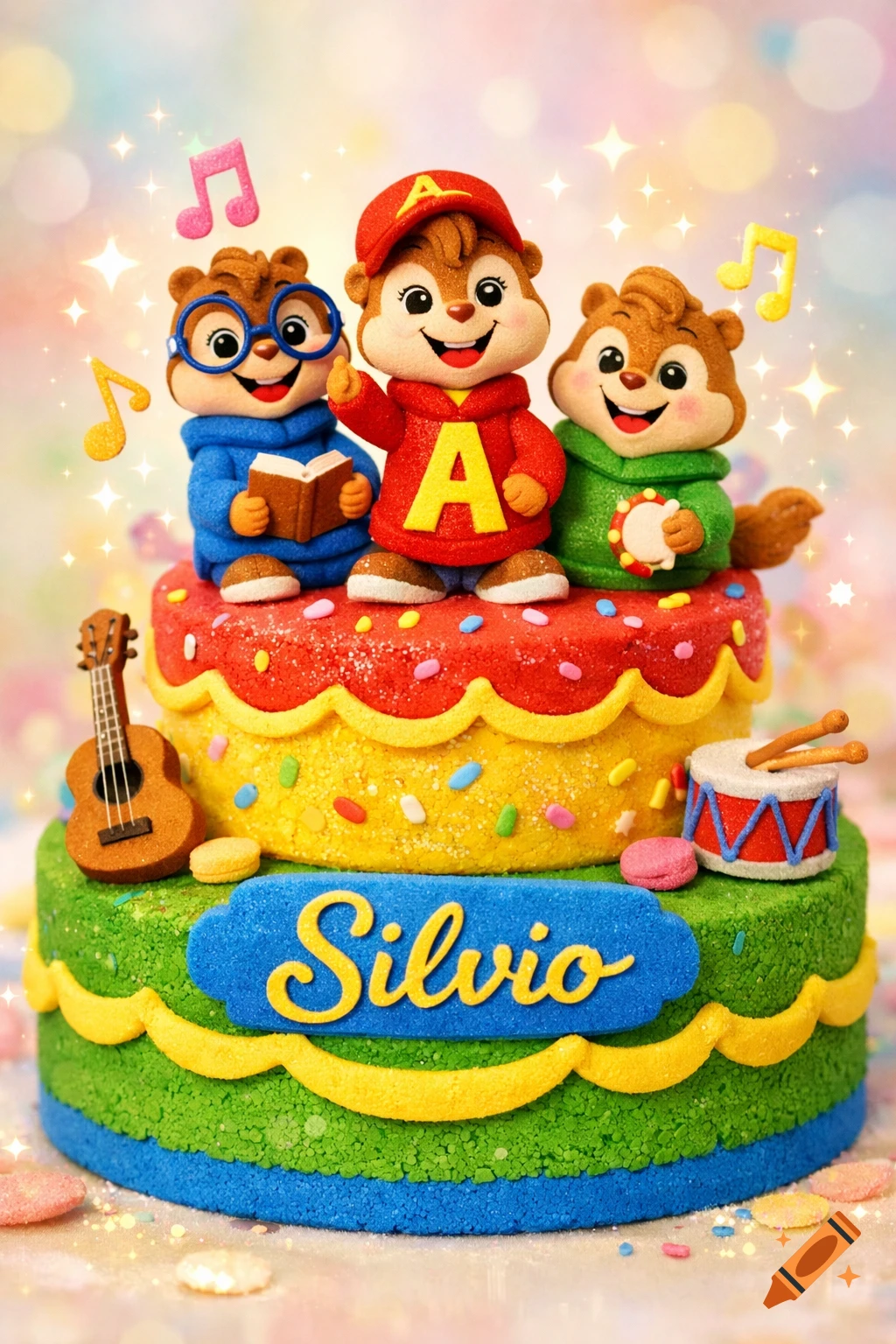 Colorful EVA foam birthday cake with Alvin, Simon, and Theodore chipmunk figures, musical instruments, "Silvio" text, and glitter.