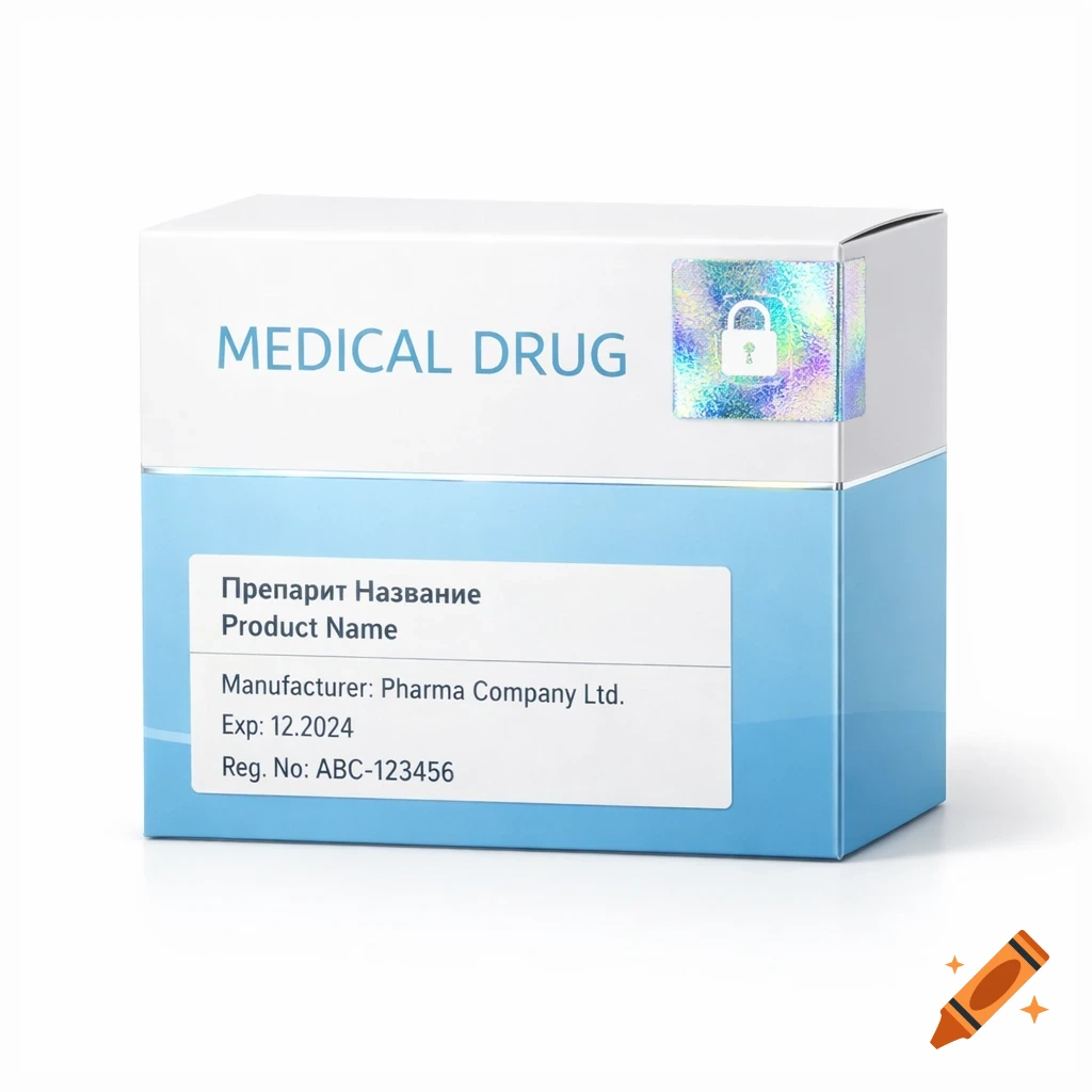 A white and blue medical drug box with the text "MEDICAL DRUG" and a holographic lock icon on top, and product information in Russian and English on the front.