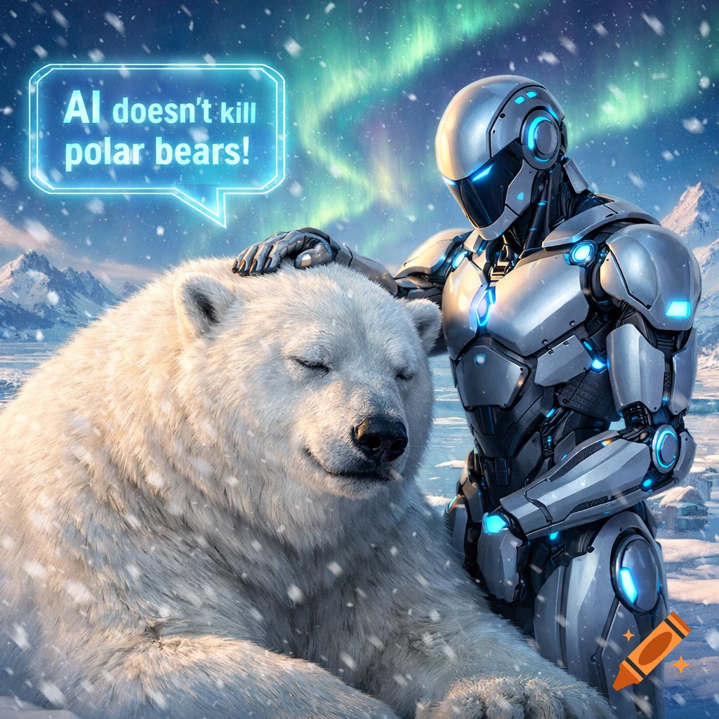 A futuristic robot gently pets a large, content polar bear in a snowy arctic landscape under the aurora borealis. A speech bubble says 'AI doesn't kill polar bears!'