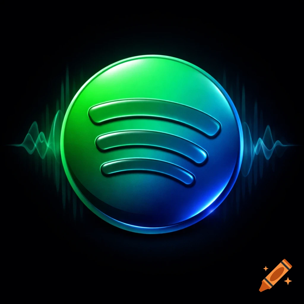 A glossy, gradient green to blue Spotify logo icon with subtle sound wave patterns on a black background.