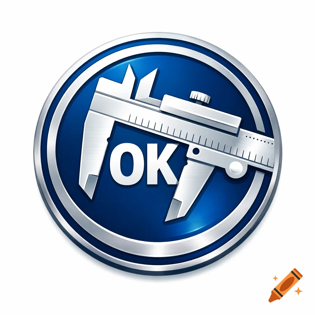 A round blue and silver icon featuring a silver caliper tool with the text 'OK' in white.