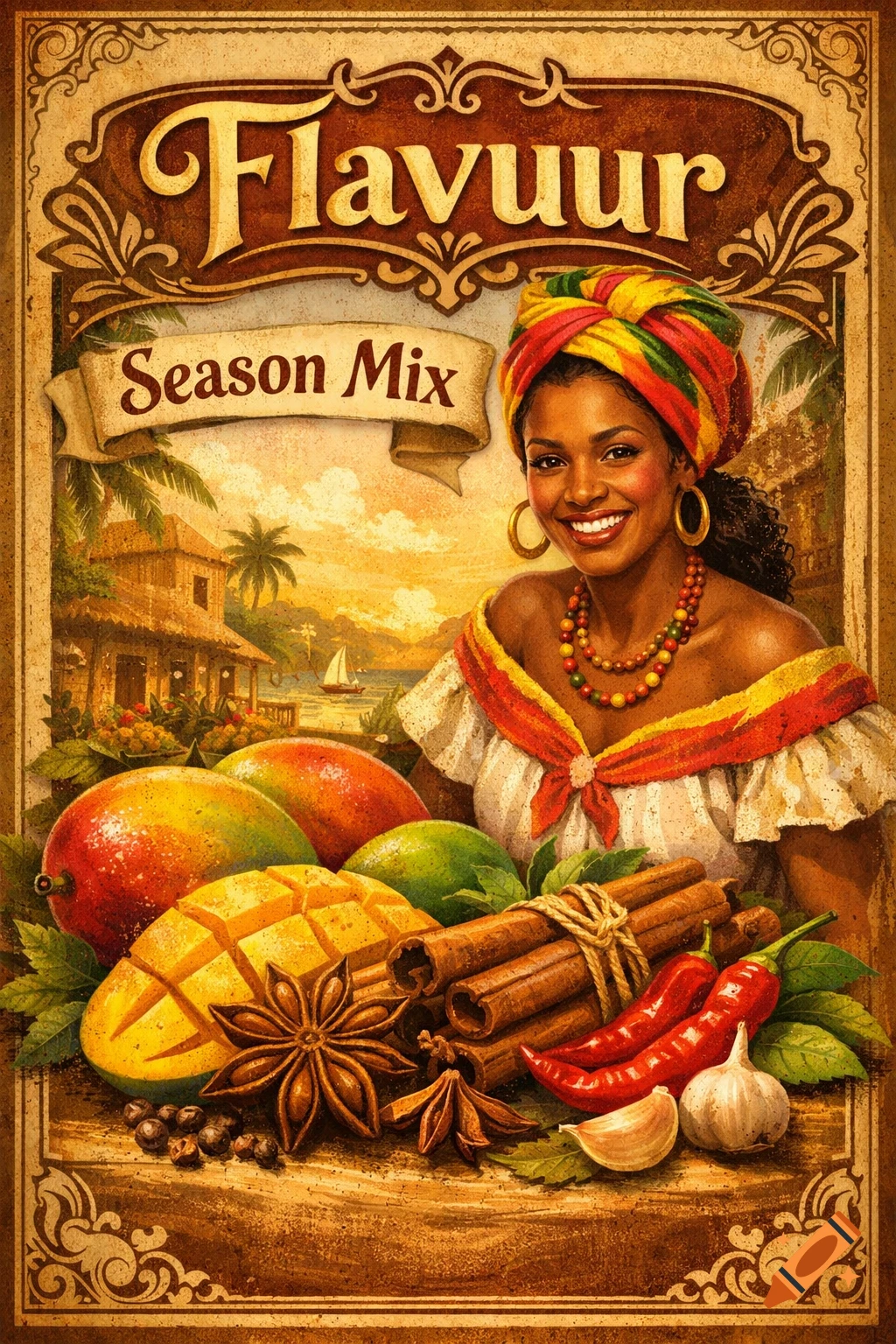 Vintage-style label featuring a smiling Caribbean woman, spices, and tropical fruits, advertising 'Flavuur Season Mix'.