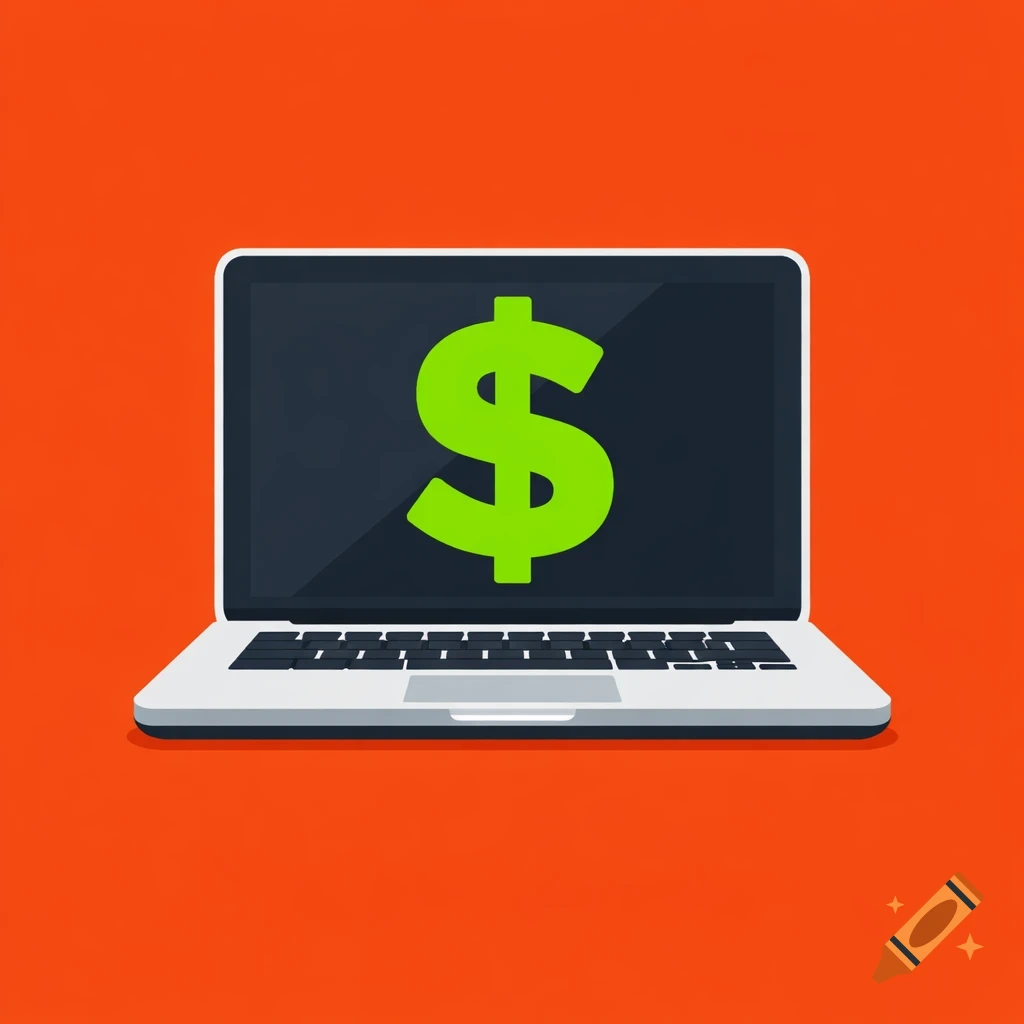 Flat design illustration of a laptop with a bright green dollar sign on its dark screen, against an orange background.