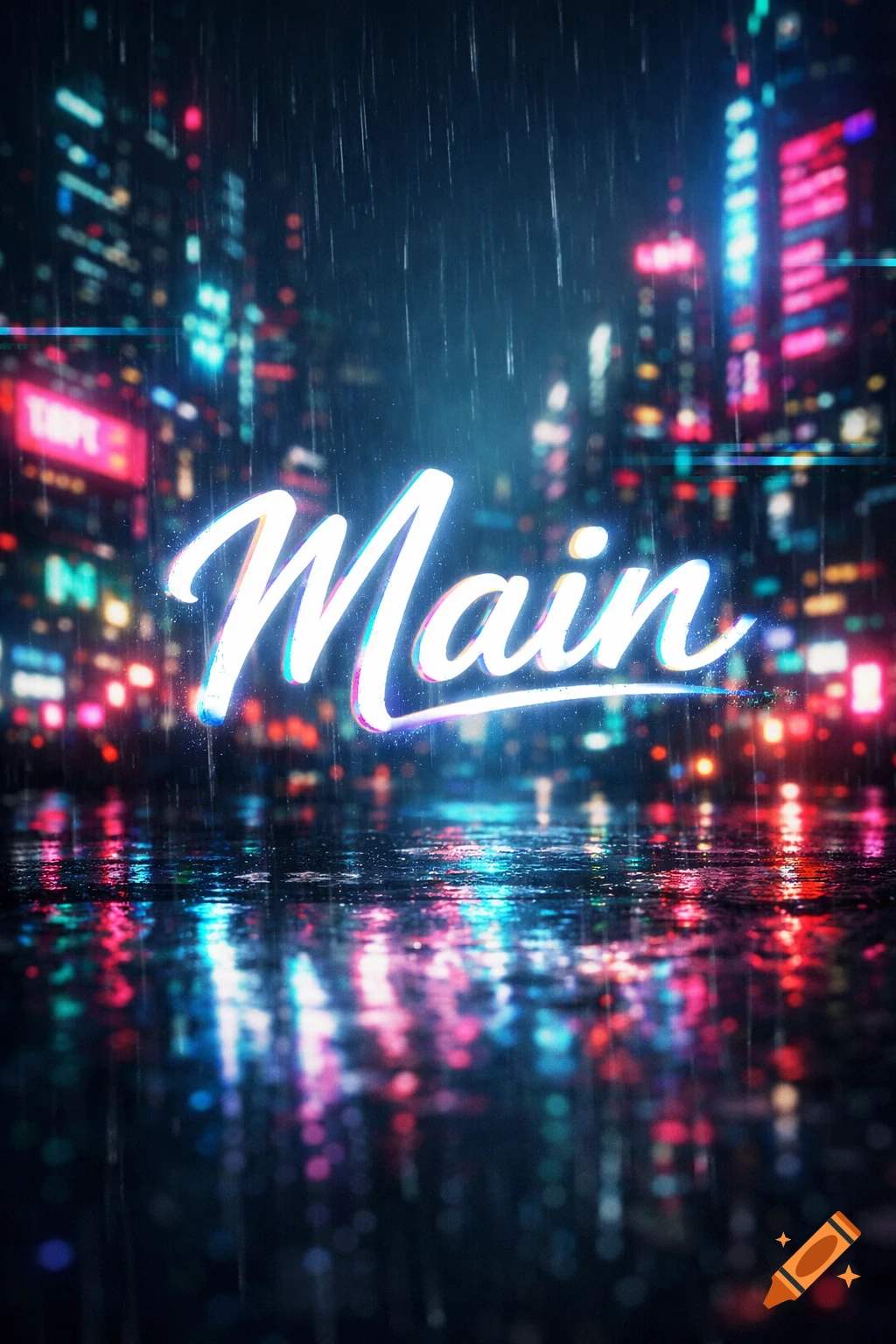 A vibrant, neon-lit cyberpunk city street at night in the rain with the word "Main" glowing centrally. Reflections shimmer on the wet ground.