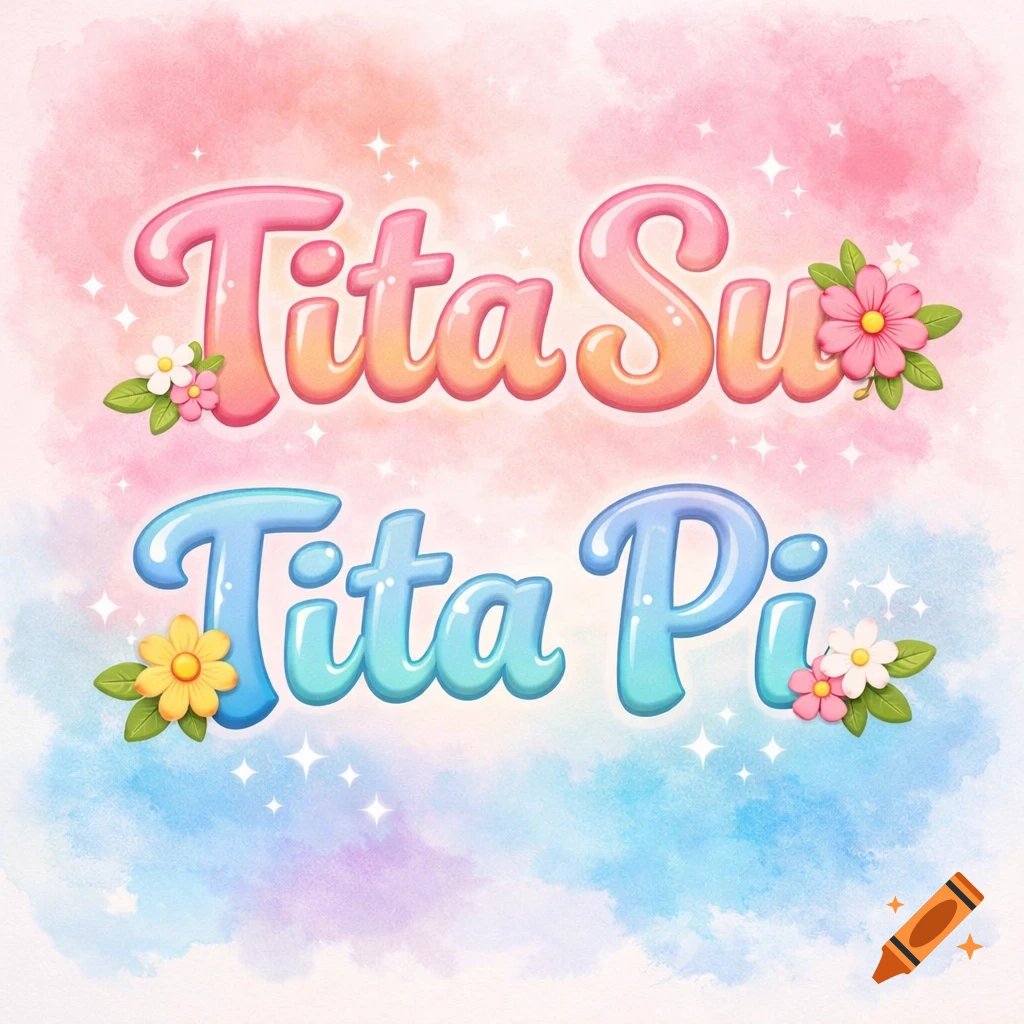 A vibrant illustration features "Tita Su" in pink and orange bubbly text above "Tita Pi" in blue and teal bubbly text, both adorned with small flowers and glitter on a soft watercolor background.