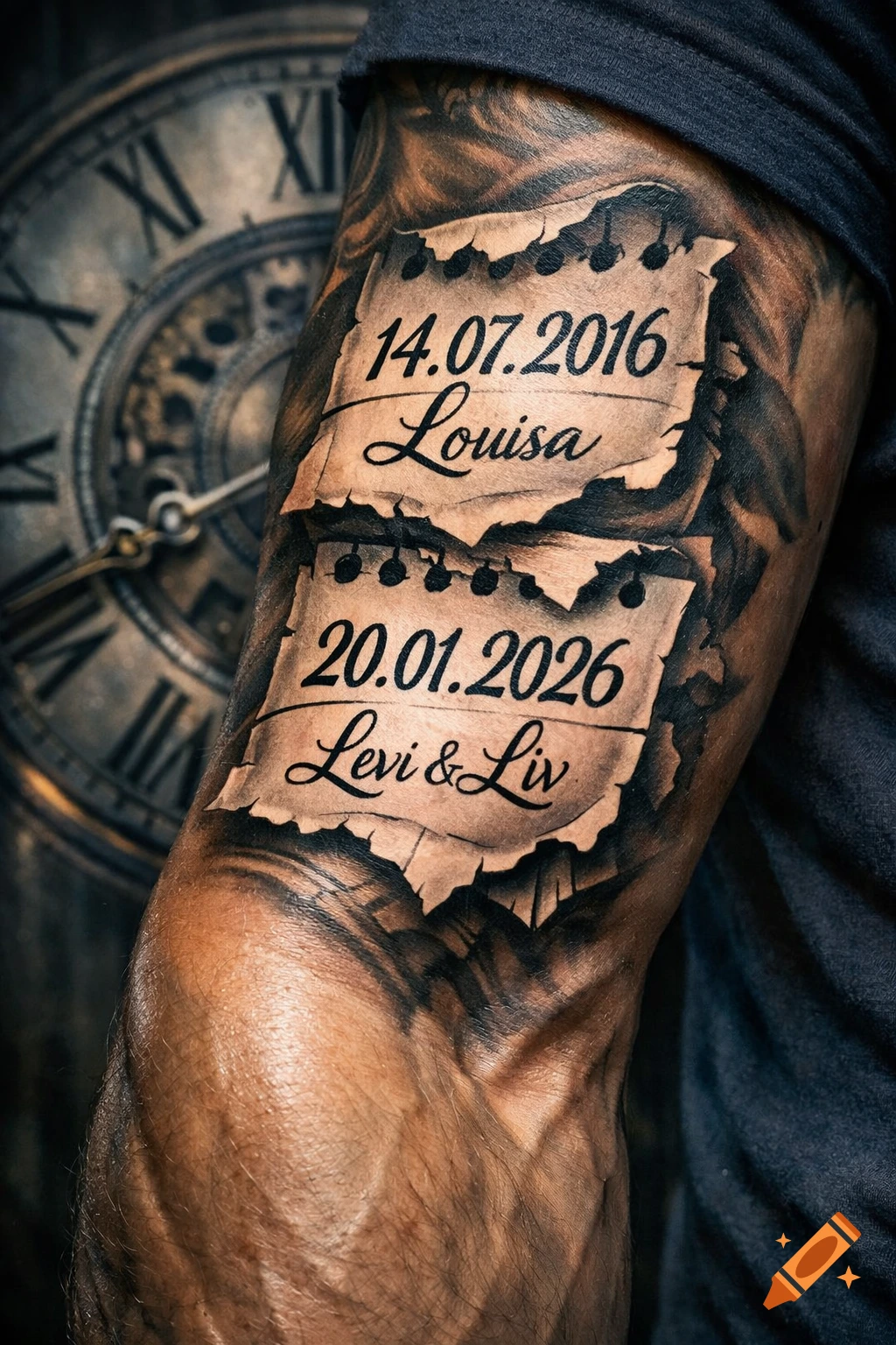 Detailed forearm tattoo featuring dates "14.07.2016 Louisa" and "20.01.2026 Levi & Liv" on ripped paper, with an antique clock in the blurred background.