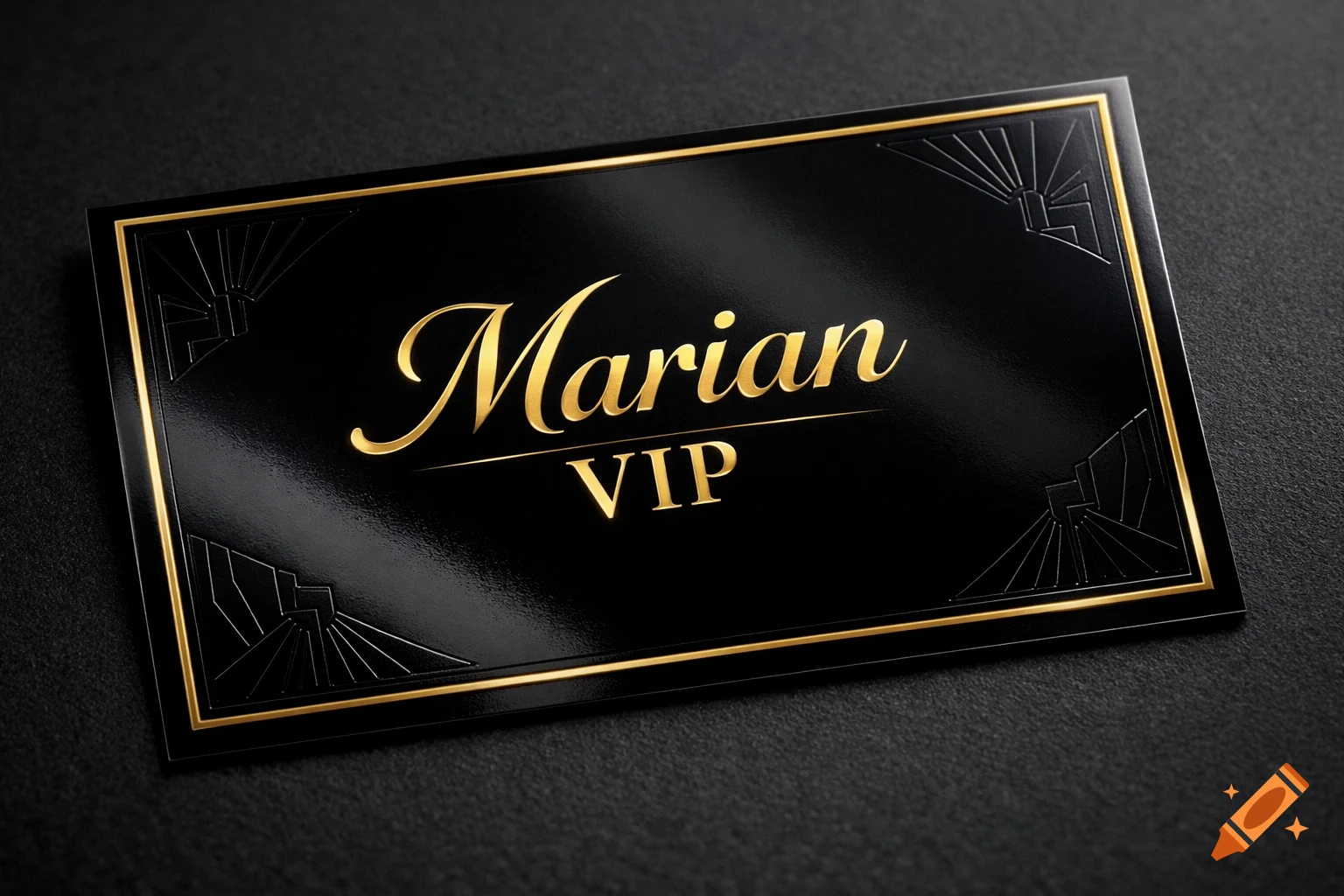 A glossy black VIP card with elegant gold 'Marian VIP' text and subtle art deco designs in the corners.