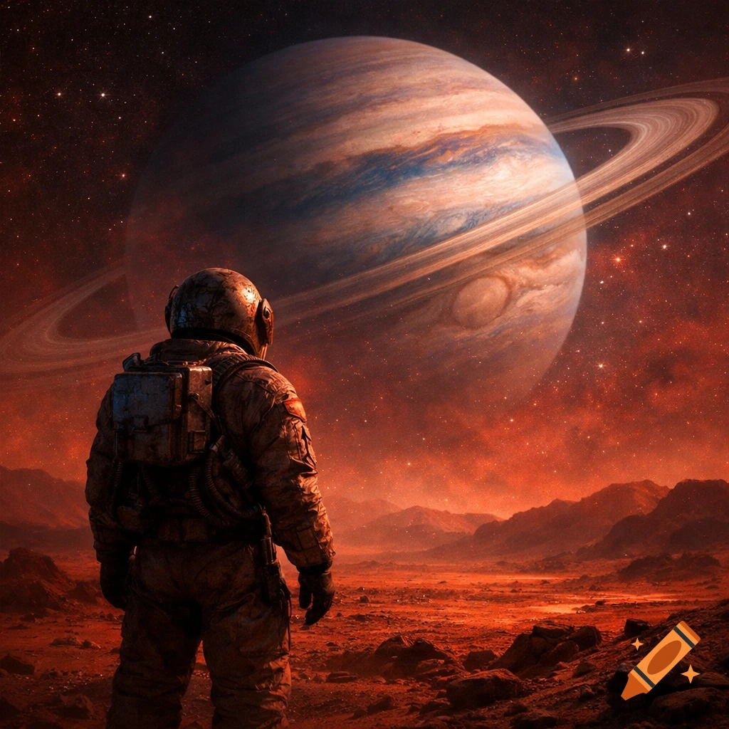 Astronaut in a spacesuit stands on a desolate red planet, gazing at a massive, ringed gas giant under a star-filled, red sky.
