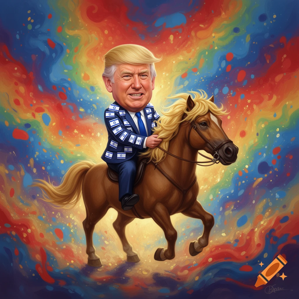 Cartoonish Donald Trump rides a brown horse, wearing a suit with Star of David patterns against a vibrant rainbow background.