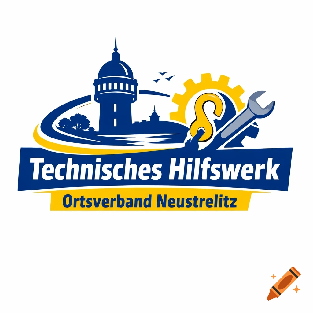 Blue and yellow logo featuring a tower, cityscape, gear, hook, and wrench, with text 'Technisches Hilfswerk Ortsverband Neustrelitz'.