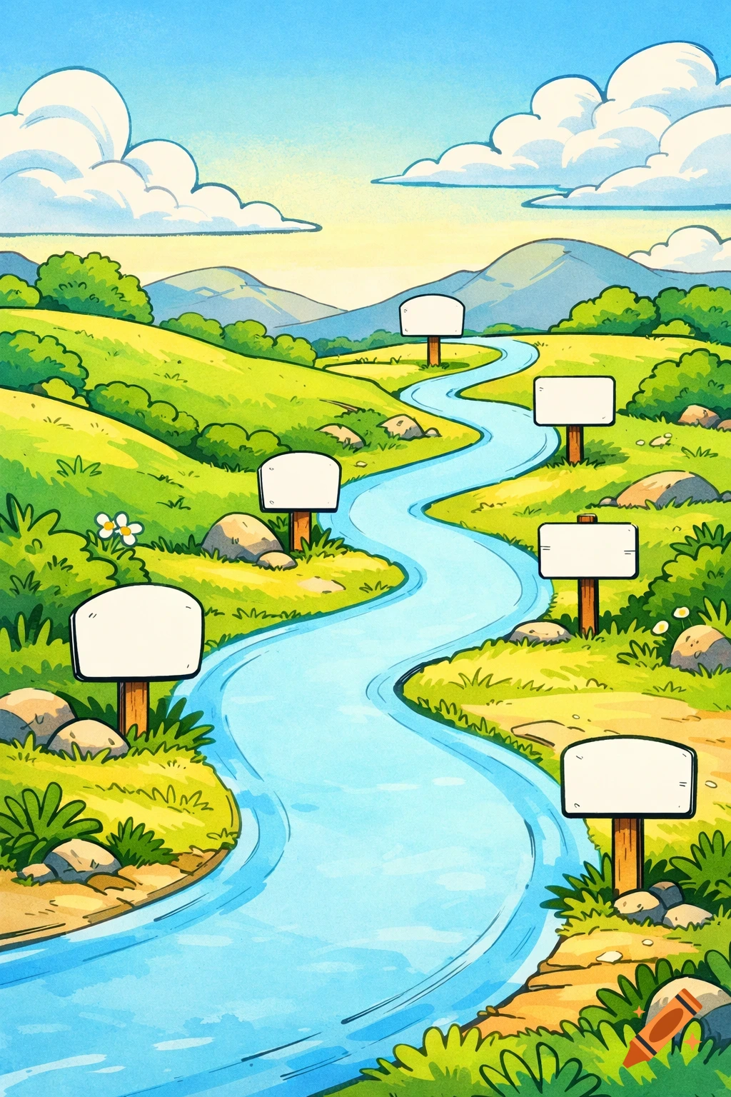 A colorful cartoon landscape features a winding blue river path, green hills, and a bright sky with clouds. Six blank white signs are placed along the path.