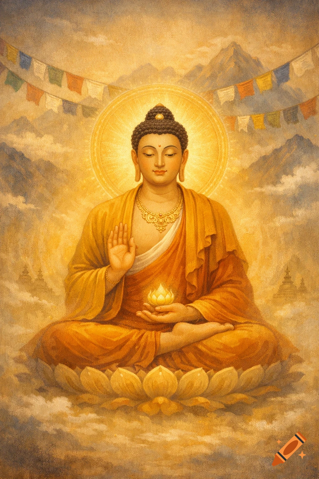 A golden-hued painting of Buddha meditating on a lotus, with a halo, prayer flags, and mountains in the background.
