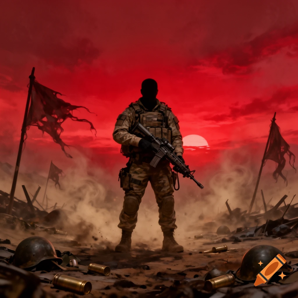 A stylized dramatic illustration of a lone soldier standing in a ...