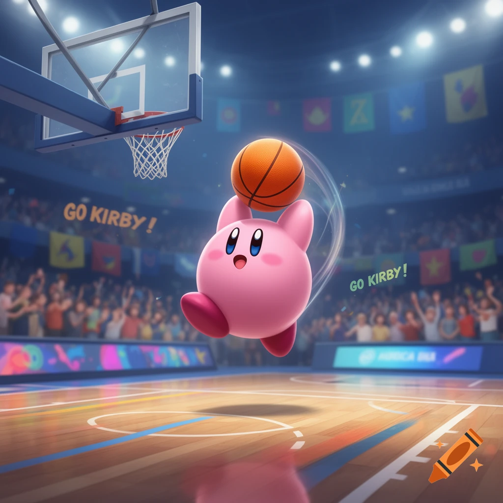 Kirby, a pink spherical character, jumps to dunk a basketball in a brightly lit stadium with "GO KIRBY!" signs.