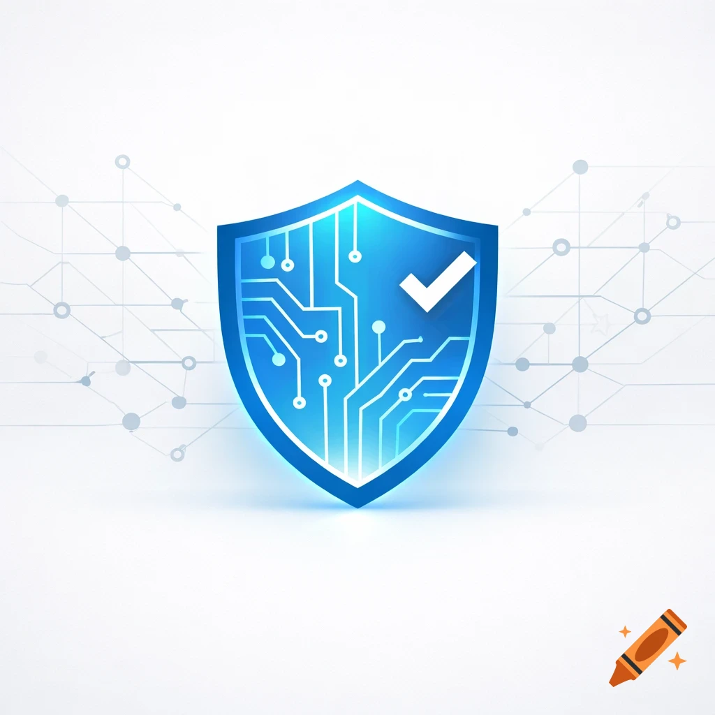 A blue shield icon featuring a white checkmark and a circuit board pattern, on a white background with faint network lines.