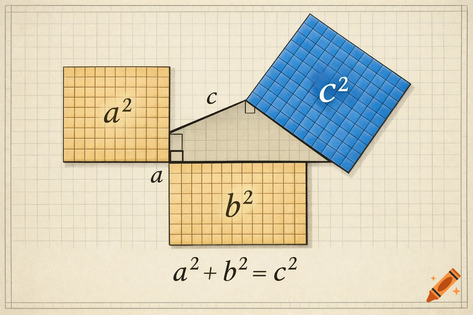 A graphical demonstration of the Pythagorean theorem on grid paper, showing squares labeled a, b, C, and the equation a + b = c.
