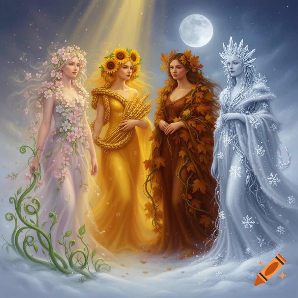 Four women representing spring, summer, autumn, and winter, adorned in flowing, thematic dresses, under a starry sky with a full moon.