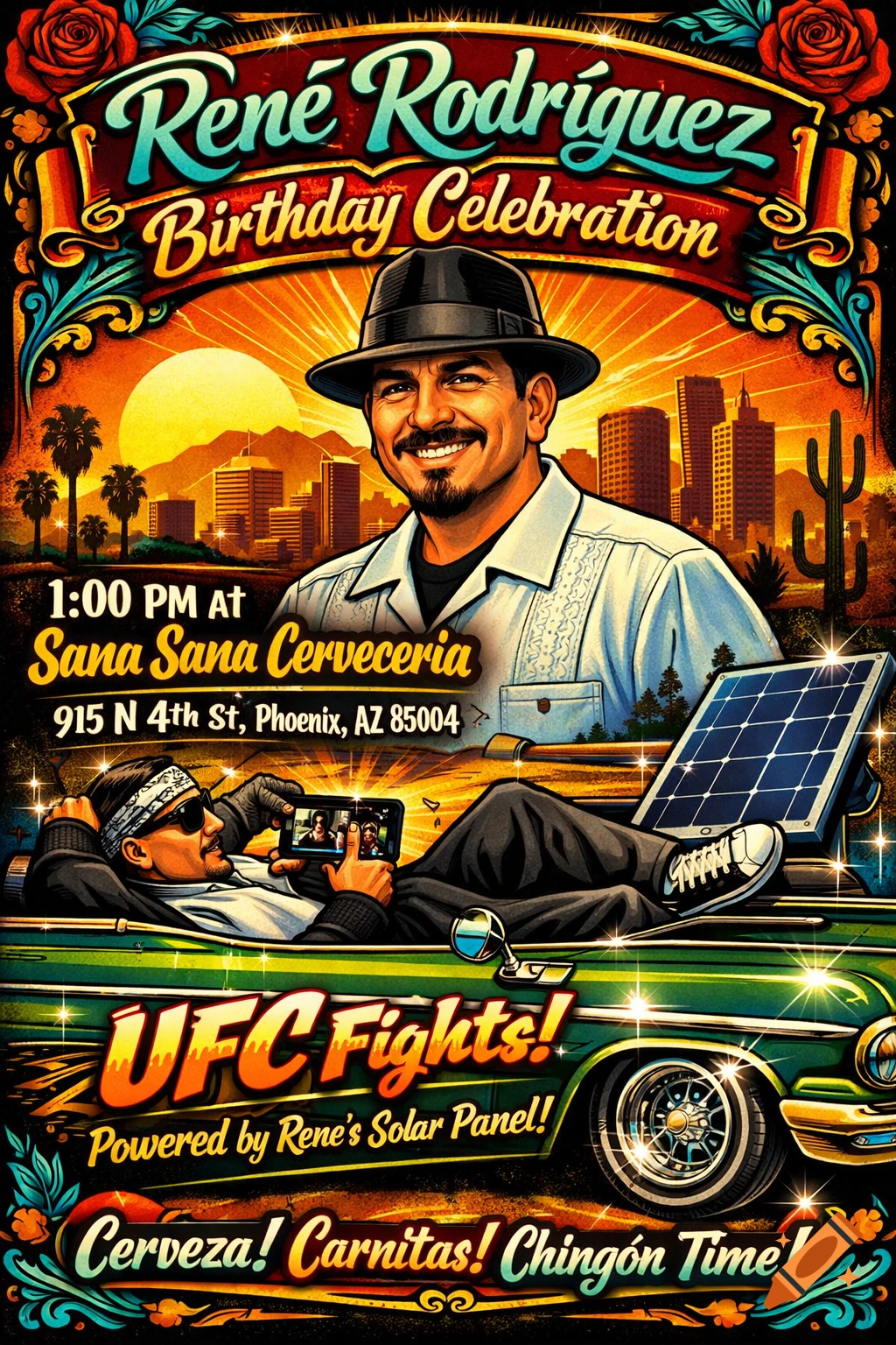 Vibrant Chicano-style birthday flyer for René Rodríguez, featuring a smiling man, a lowrider with a solar panel, and a cityscape at sunset.