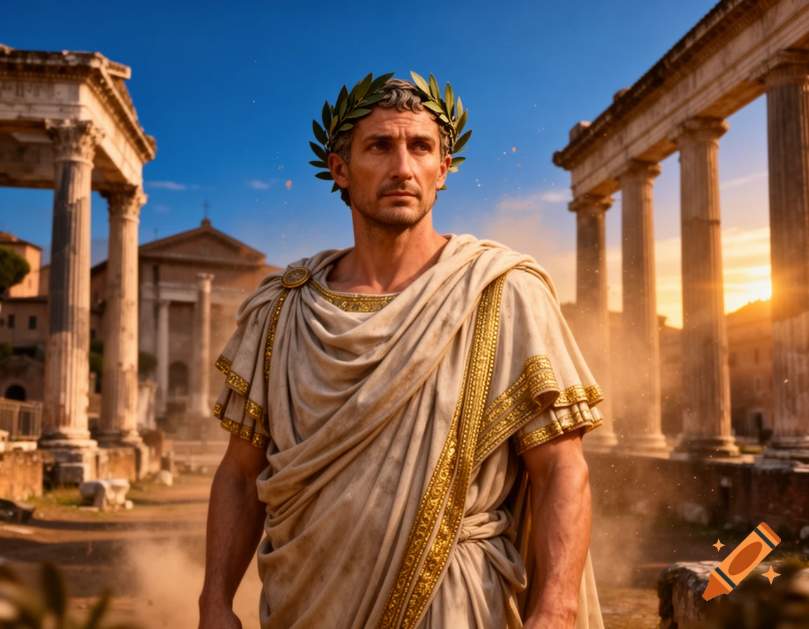 A man in a toga and laurel wreath stands among ancient Roman ruins at sunset, looking stoic and noble.