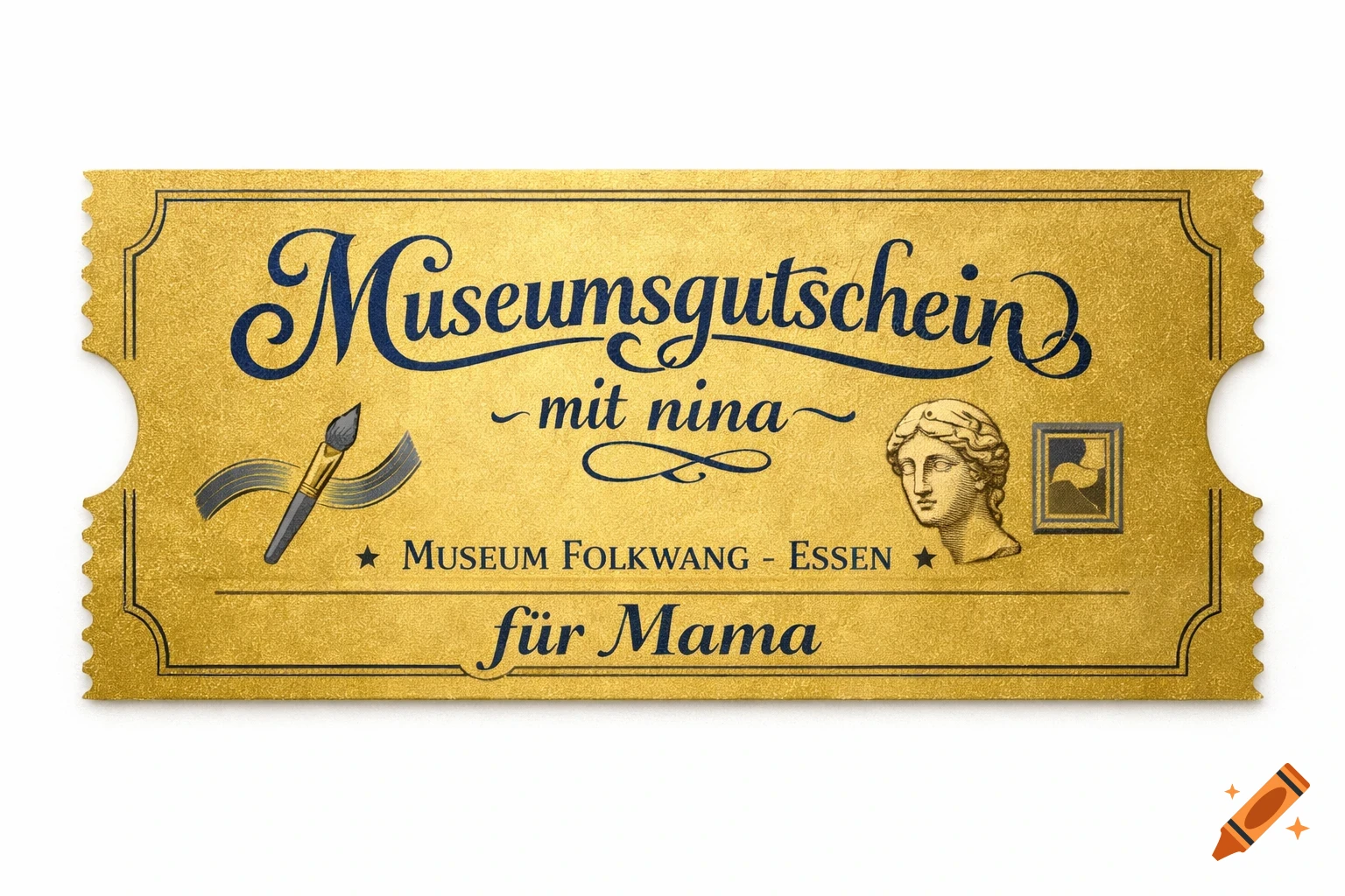 A golden vintage museum voucher with ornate dark blue text, a paintbrush, a classical bust, and a framed picture.