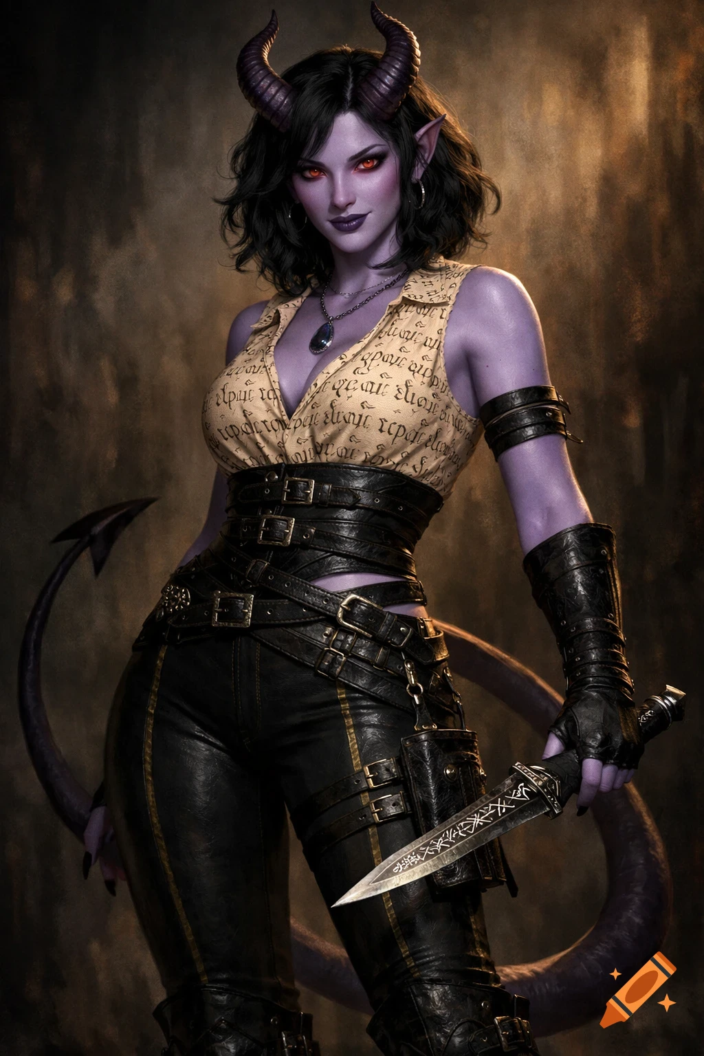 A powerful-looking purple-skinned demoness with horns and red eyes, wearing a buckled corset, leather pants, and holding a dagger, in a photorealistic style.