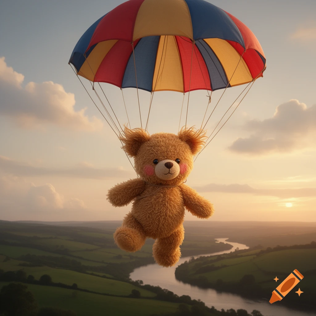 A fluffy teddy bear with rosy cheeks floats under a colorful parachute over a winding river and green hills at sunset.