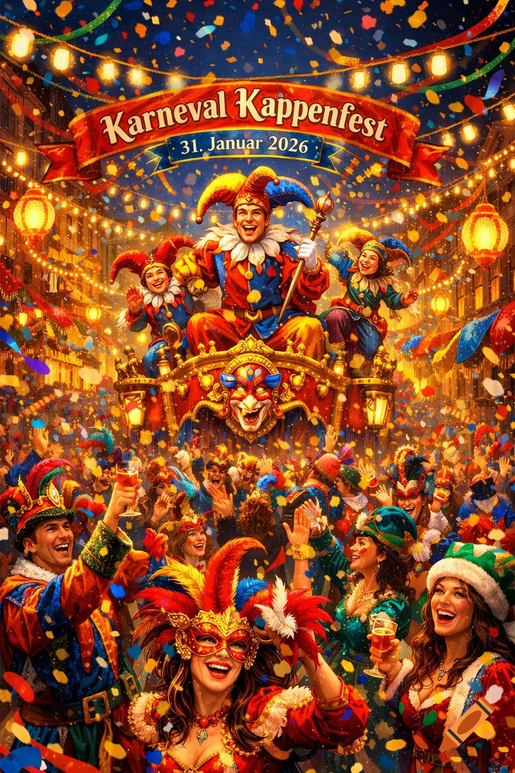 A vibrant, detailed illustration of a lively carnival parade at night, with jesters on a float, costumed people, and confetti.