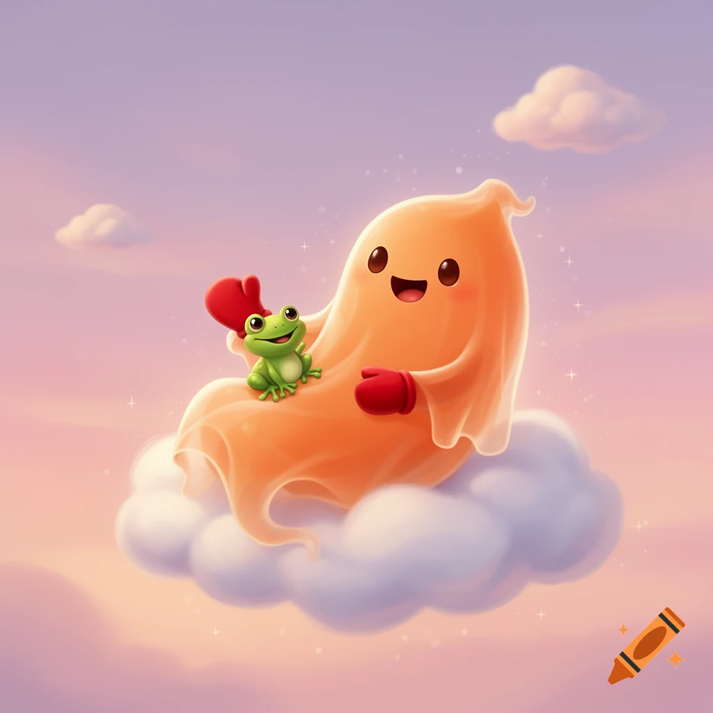 A cute orange cartoon ghost in red mittens holds a green frog while relaxing on a cloud in a pastel sky.